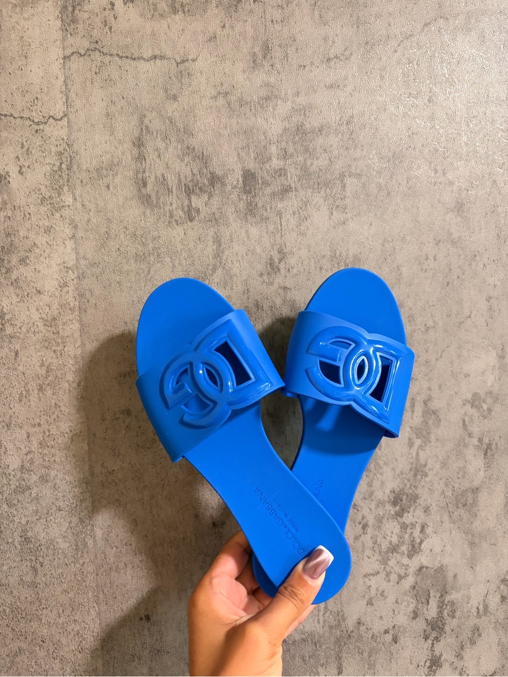 Women’s Bright Blue Slide Sandals with Interlocking Logo Detail